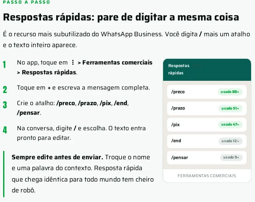 Trecho do e-book: passo a passo das respostas rápidas do WhatsApp Business com a tela do app